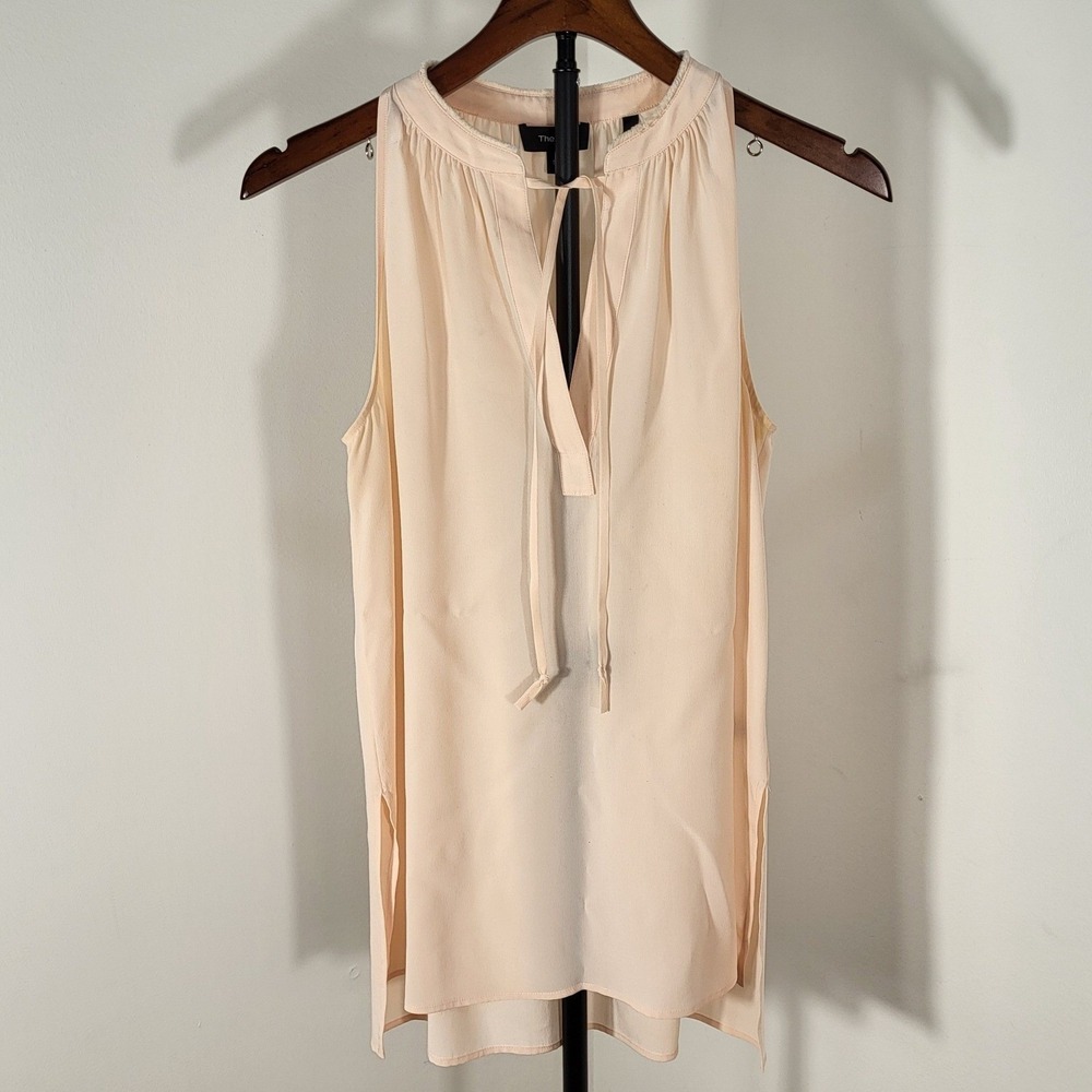 Theory Livilla Summer Silk Sleeveless Blouse Peach Pink Tie Neck Top Small